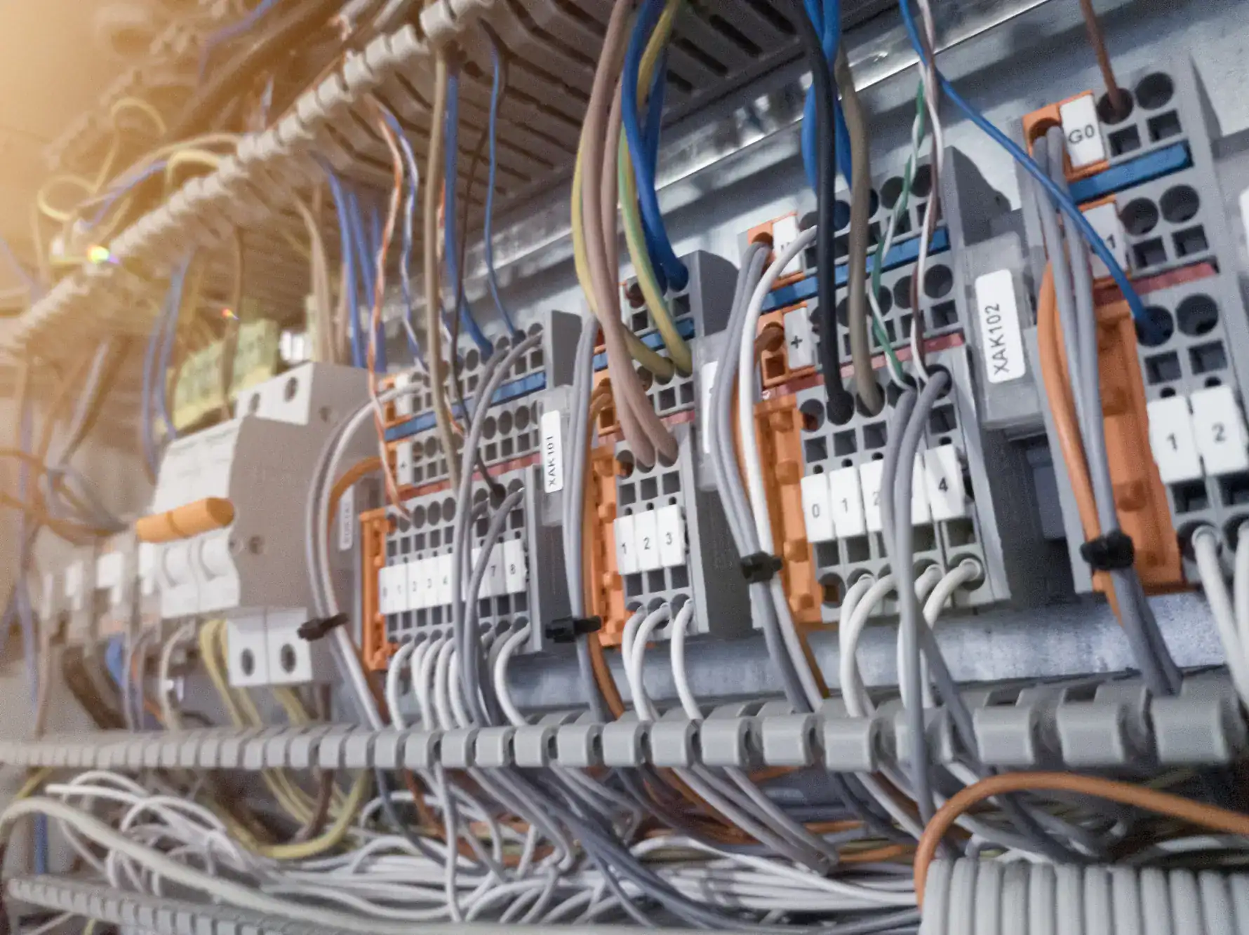 Close-up of a professionally wired electrical panel in Dallas County, Texas, showing organized circuit breakers and labeled wiring