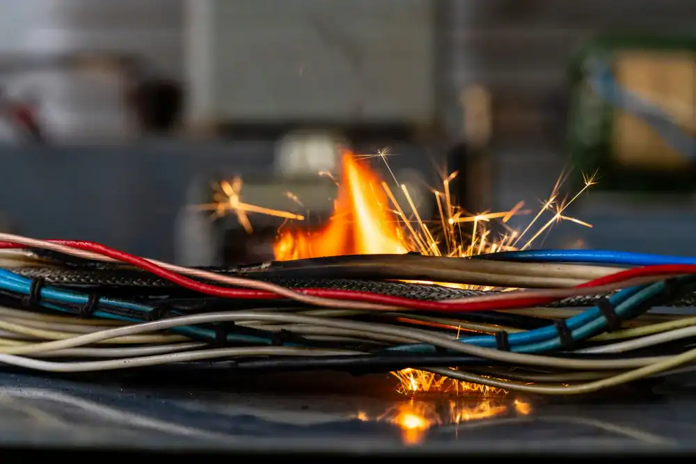 Several electrical wires are burning and sparking, with visible flames—suggesting a dangerous short circuit. The background is blurred, focusing attention on the hazardous wires. An electrician Dallas and Fort Worth, TX residents trust should be called immediately.