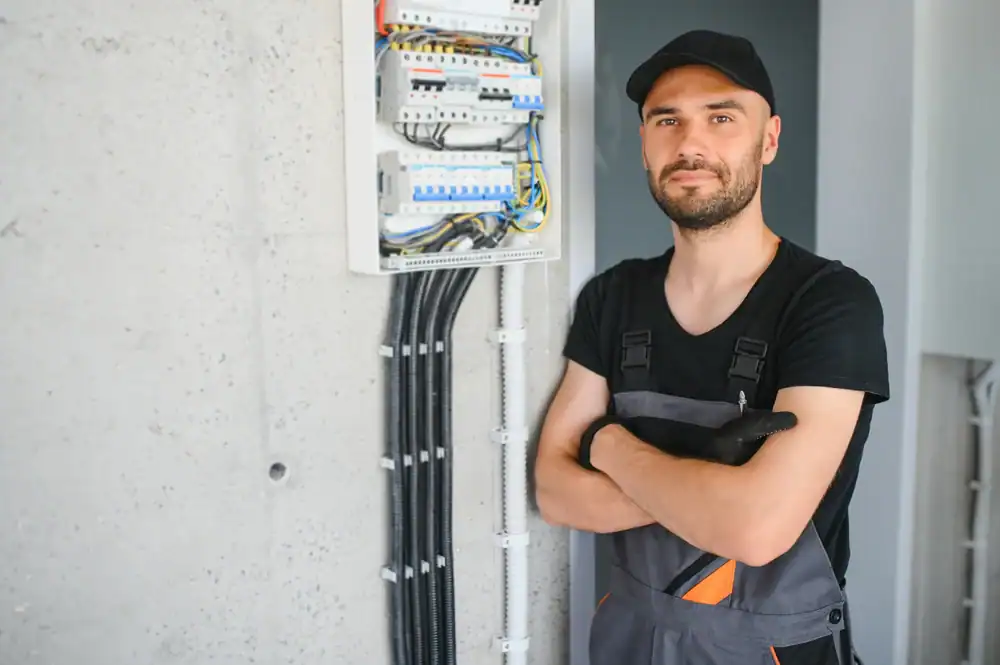 A professional electrician smiling beside an electrical panel in Tarrant County, Texas, showcasing expert service and dedication to ensuring electrical safety and reliability for clients