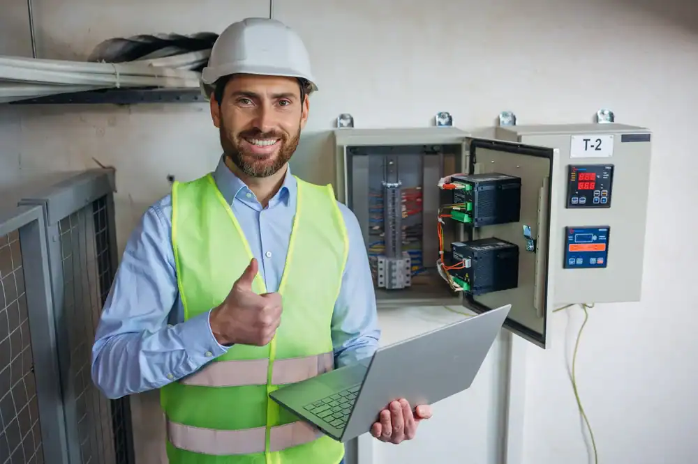 Carroll Service electrician in Tarrant County, Texas giving a thumbs up while working on a laptop, showcasing professional electrical solutions and technology integration