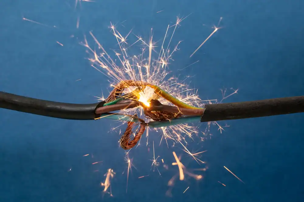 A close-up of a damaged electrical wire with exposed copper sparking against a blue background, showing bright sparks flying—highlighting why an electrician in Dallas and Fort Worth, TX is essential for safety.