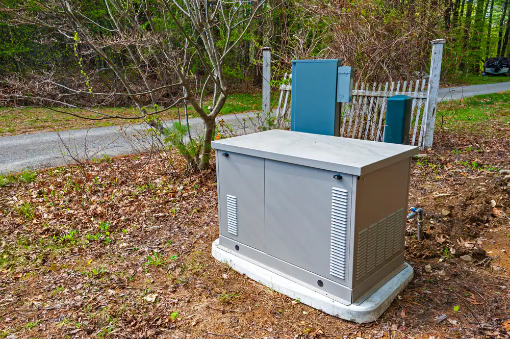 A gray outdoor utility box stands on a concrete base in a grassy, wooded area near a road—perfect for an electrician Dallas and Fort Worth, TX might service—with other electrical panels and a white picket fence in the background.