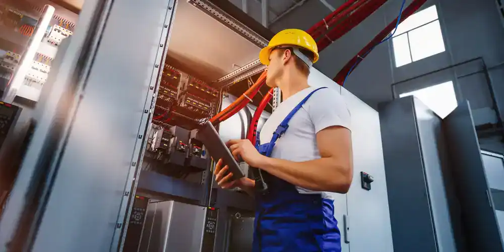 An electrician from Electricians Dallas Fort Worth and Mid-Cities, wearing a yellow hard hat and blue overalls, inspects electrical panels with a digital tablet in an industrial setting filled with red cables and modern equipment.